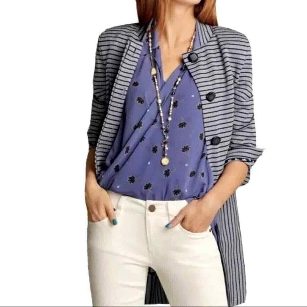 Cabi Car Coat #5474 Gray dark navy blue striped MSRP $179 Hidden Buttons